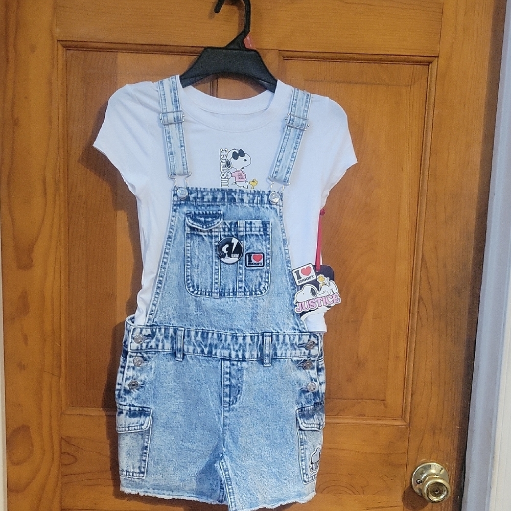 Blue and White Denim Overalls with Adjustable Straps and Faded Look